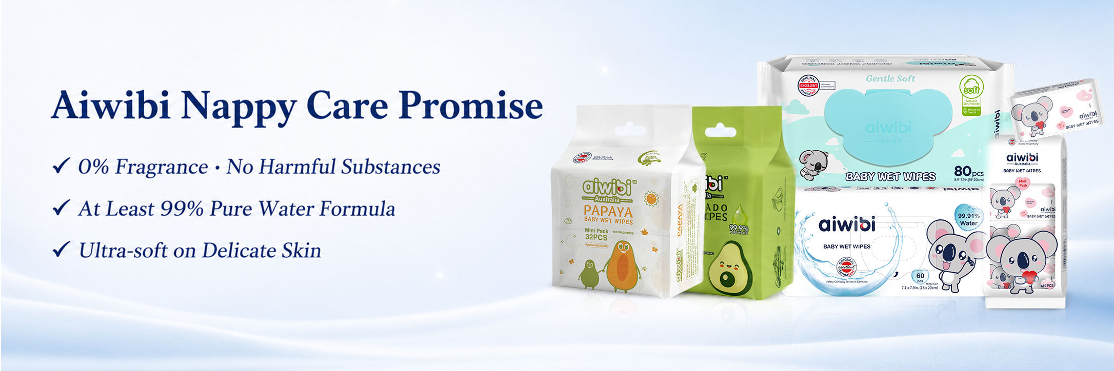 Aiwibi Nappy Care Promise for pure-water, fragrance-free baby wipes