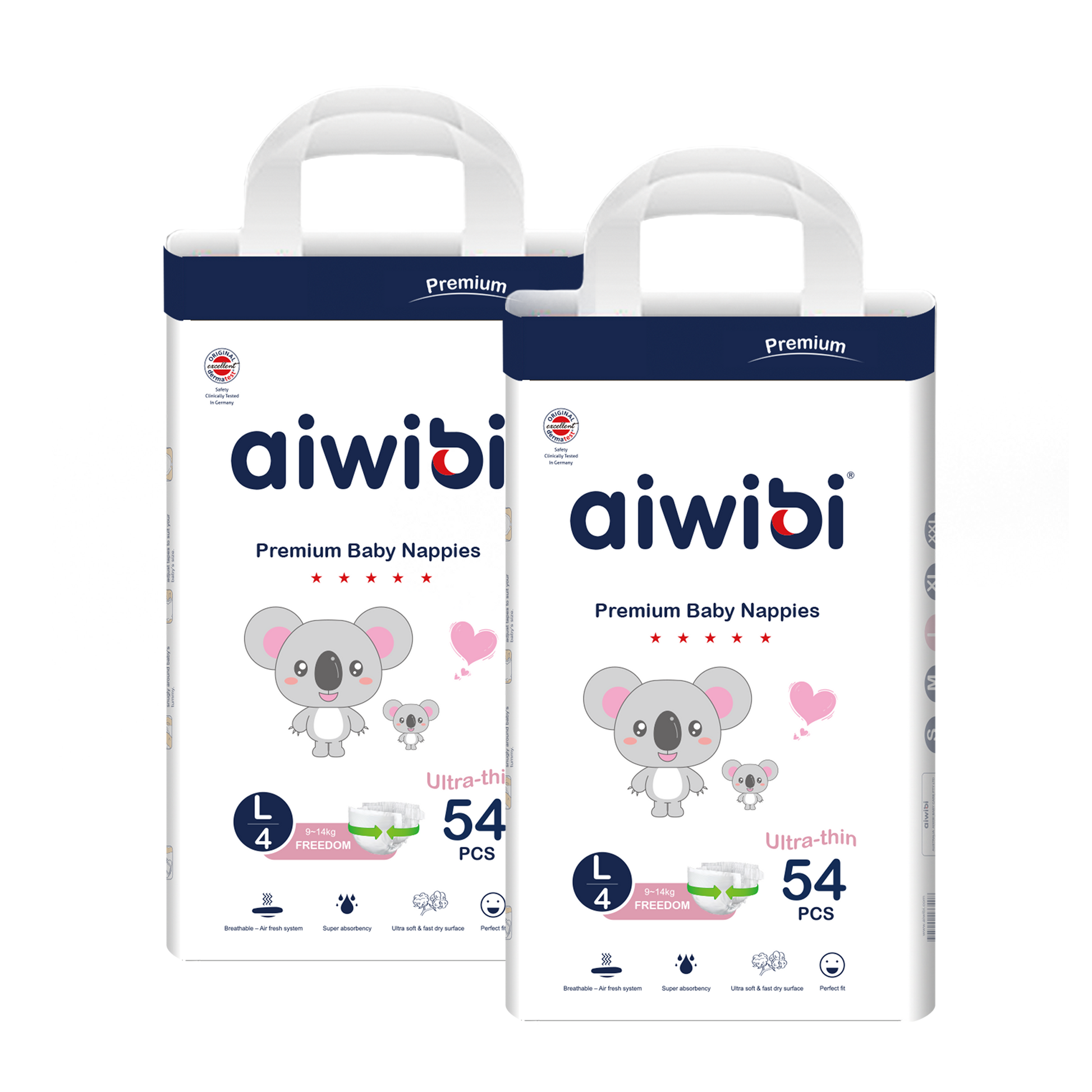 Two packs of 54 Size 4 Light Feather Disposable Baby Nappies.