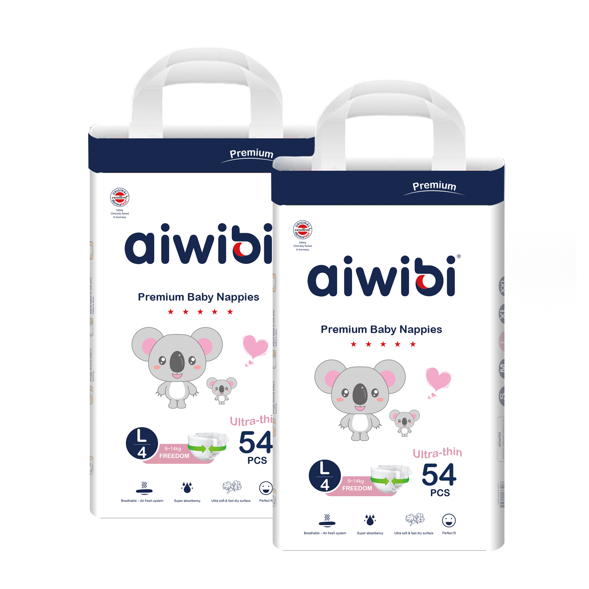 Two packs of 54 Size 4 Light Feather Disposable Baby Nappies.