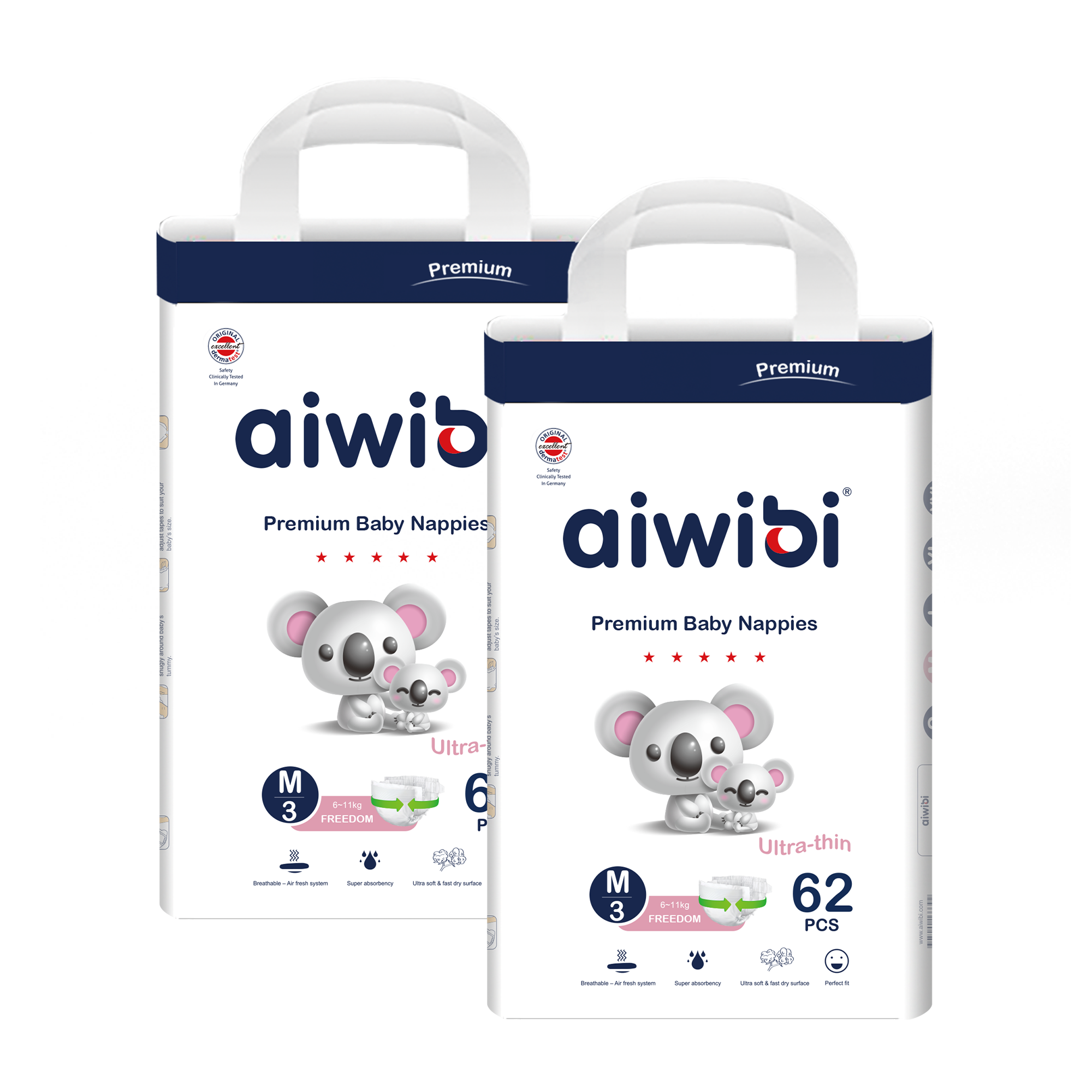 Two packs of 62 Size 3 Light Feather Disposable Baby Nappies.