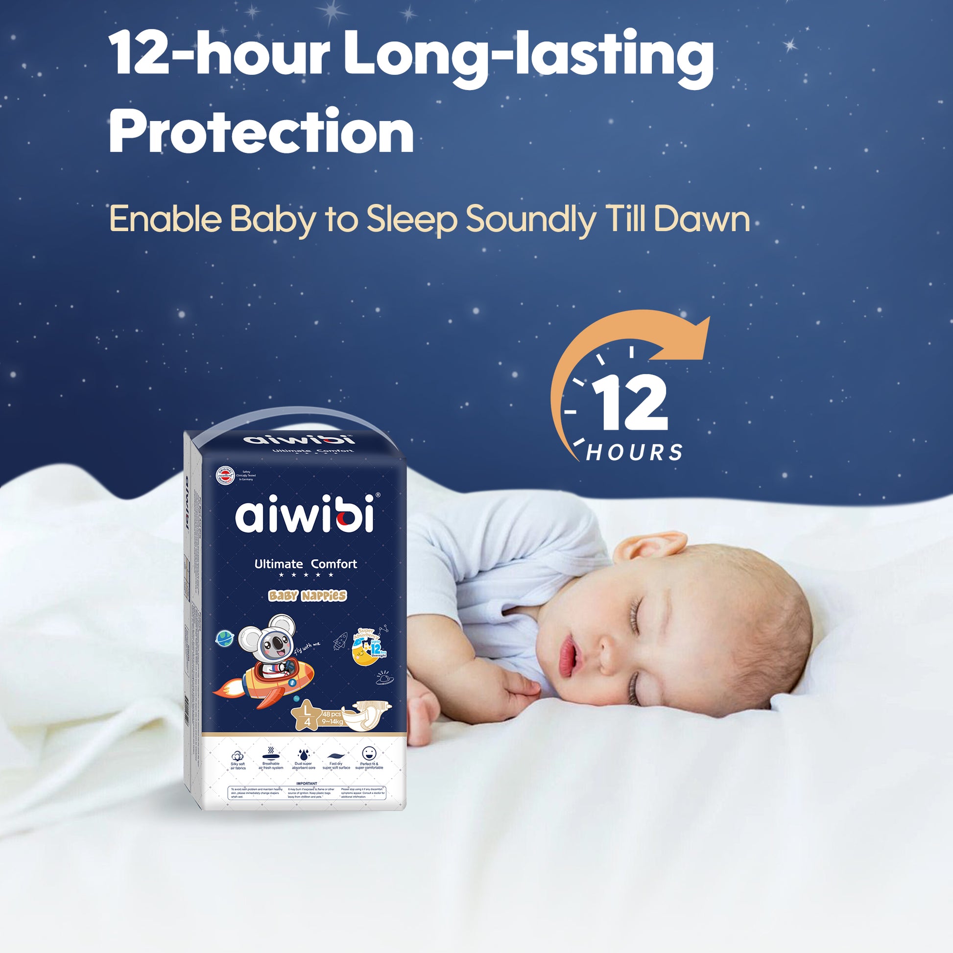 Aiwibi Ultimate Comfort Disposable Overnight Nappies ensure a peaceful night's sleep. 