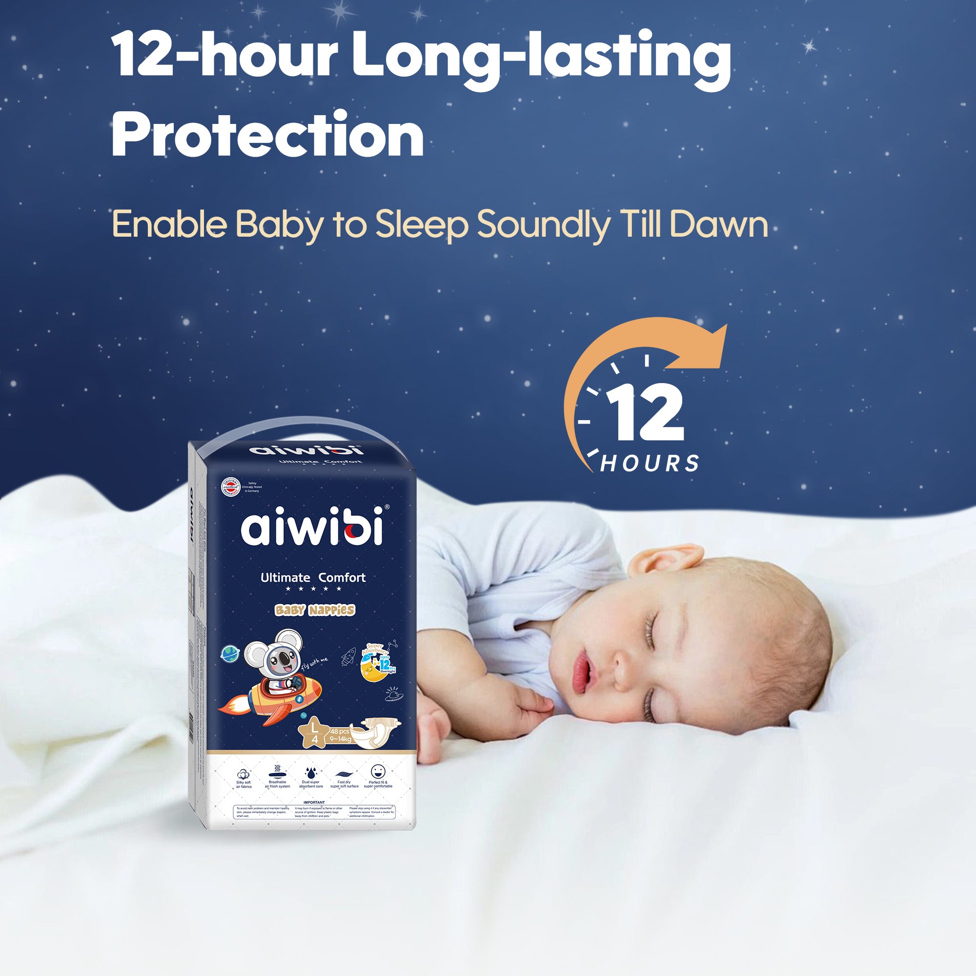 Aiwibi Ultimate Comfort Disposable Overnight Nappies ensure a peaceful night's sleep. 
