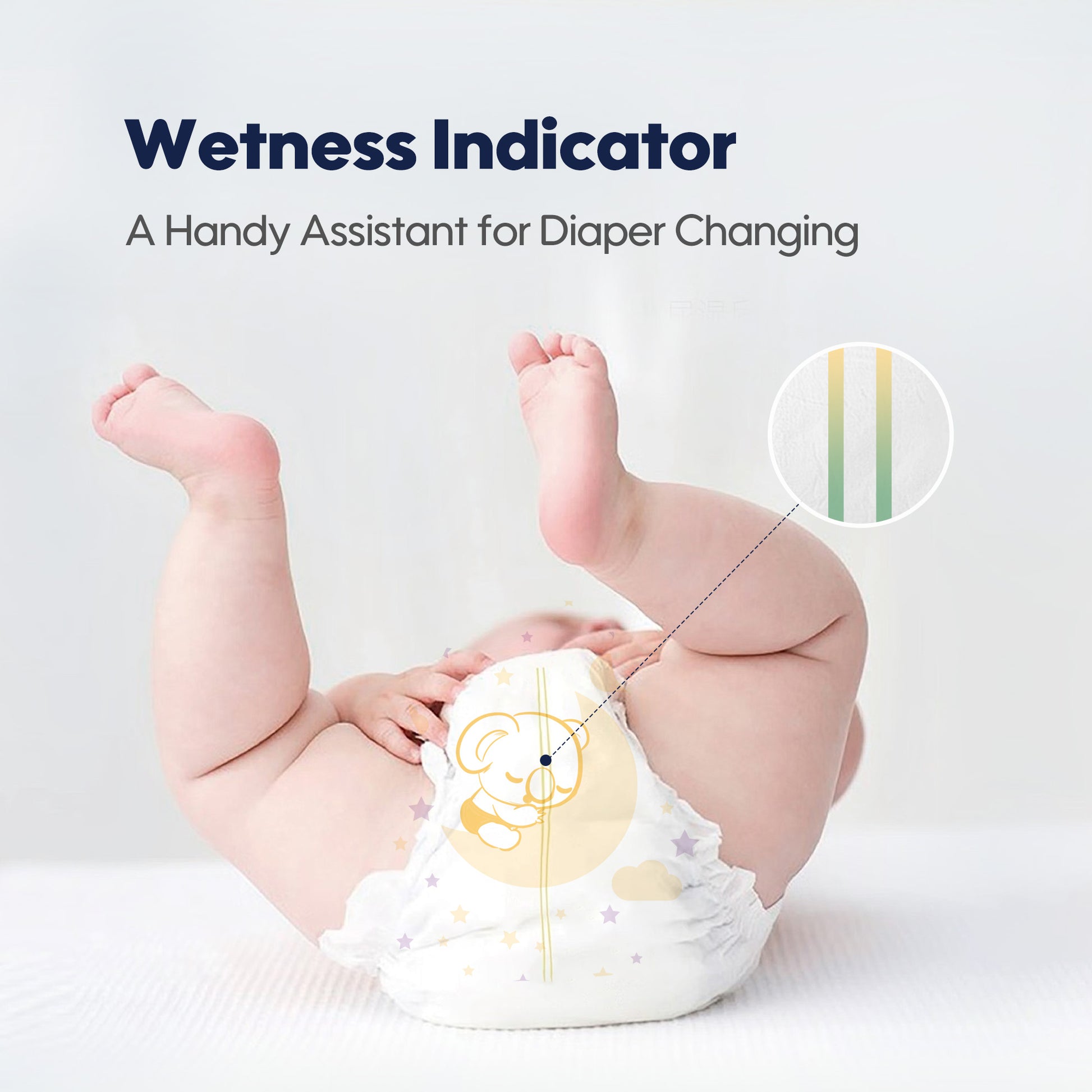 This photo showcases Aiwibi baby diapers. They are Overnight Nappies with a wetness indicator. The diapers feature a fast-dry layer and breathable MicroAiry™ Film. These are designed to provide maximum protection and comfort.
