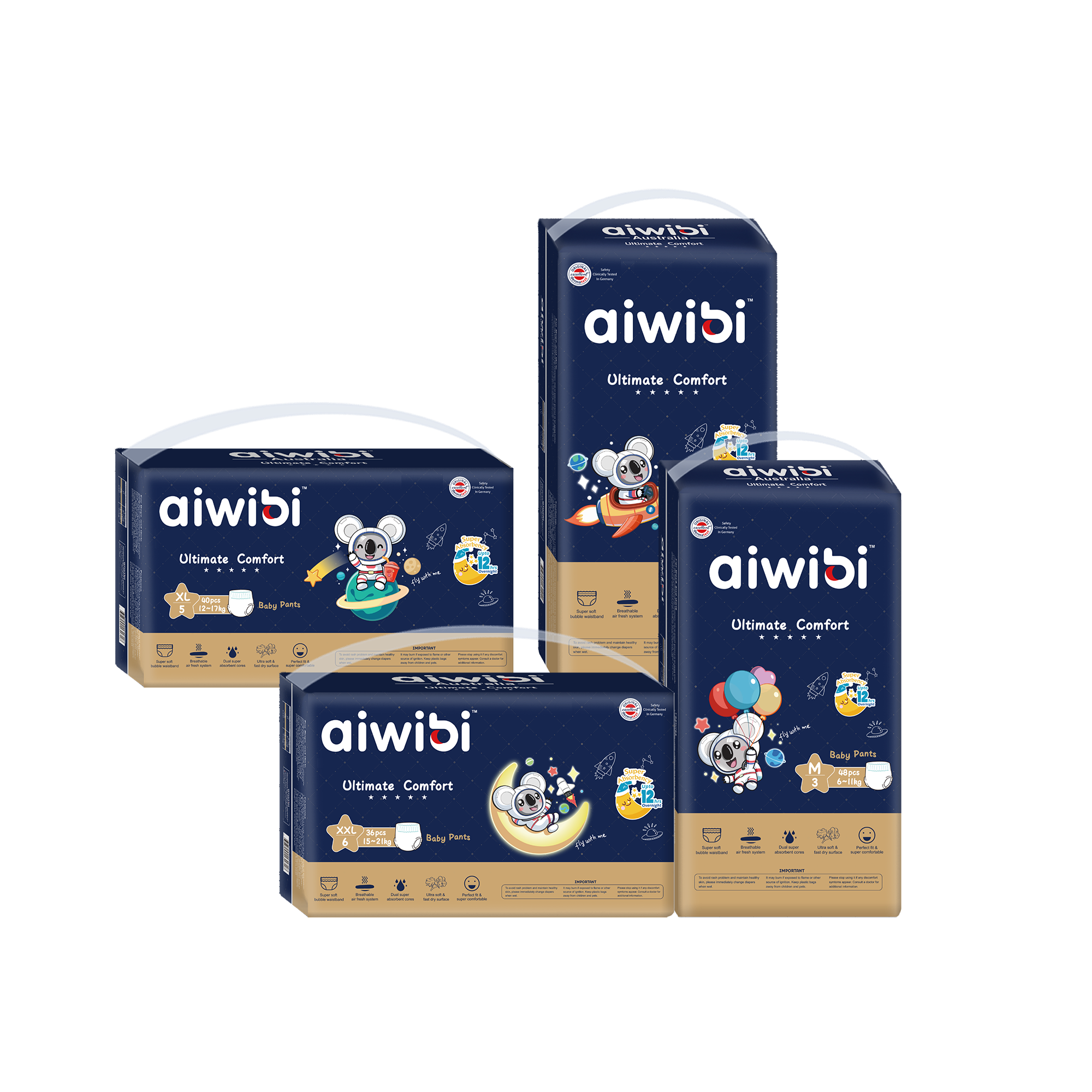 The image shows all sizes of Aiwibi Ultimate Comfort Nappy Pants.