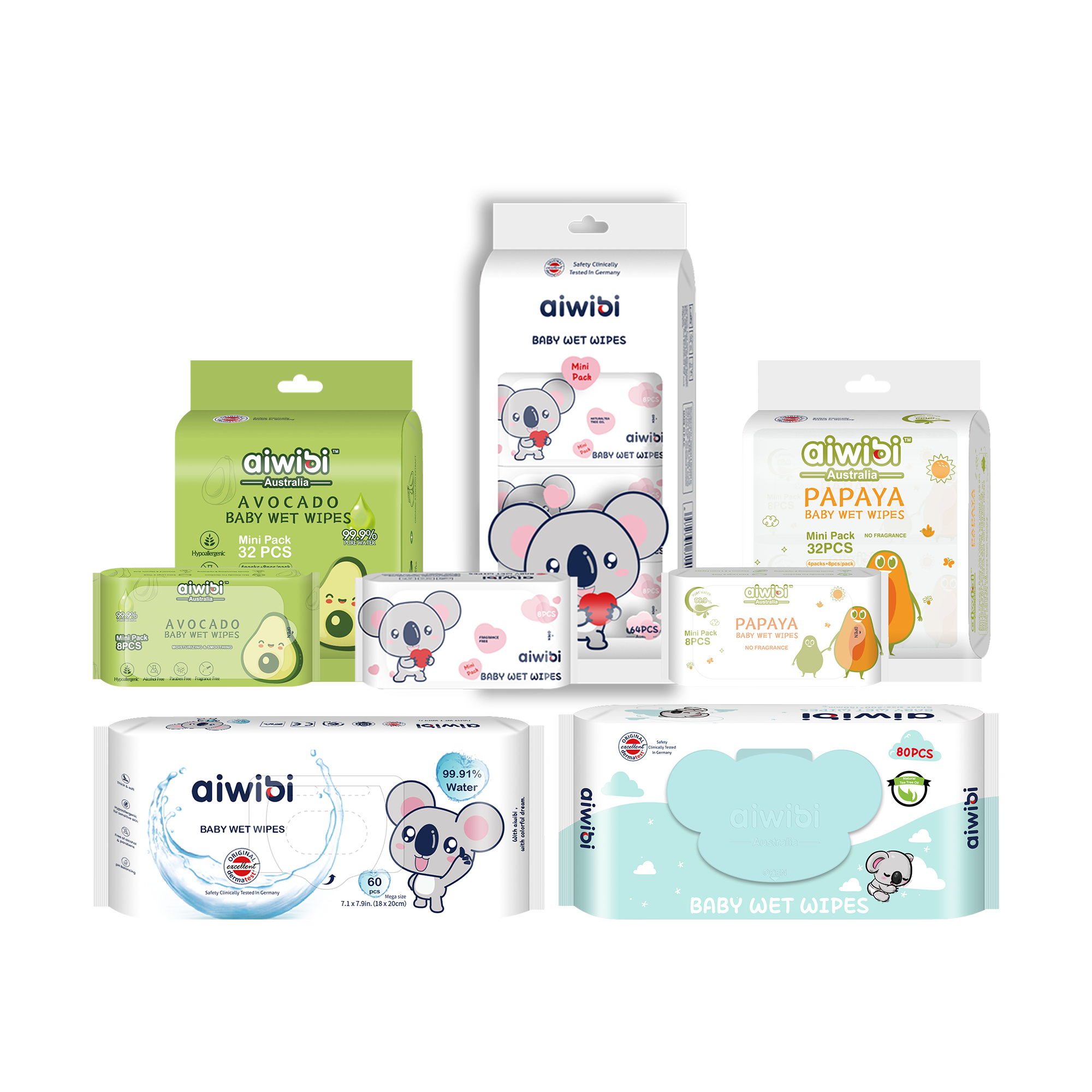 Pictures of all wipes sold by Aiwibi Australia