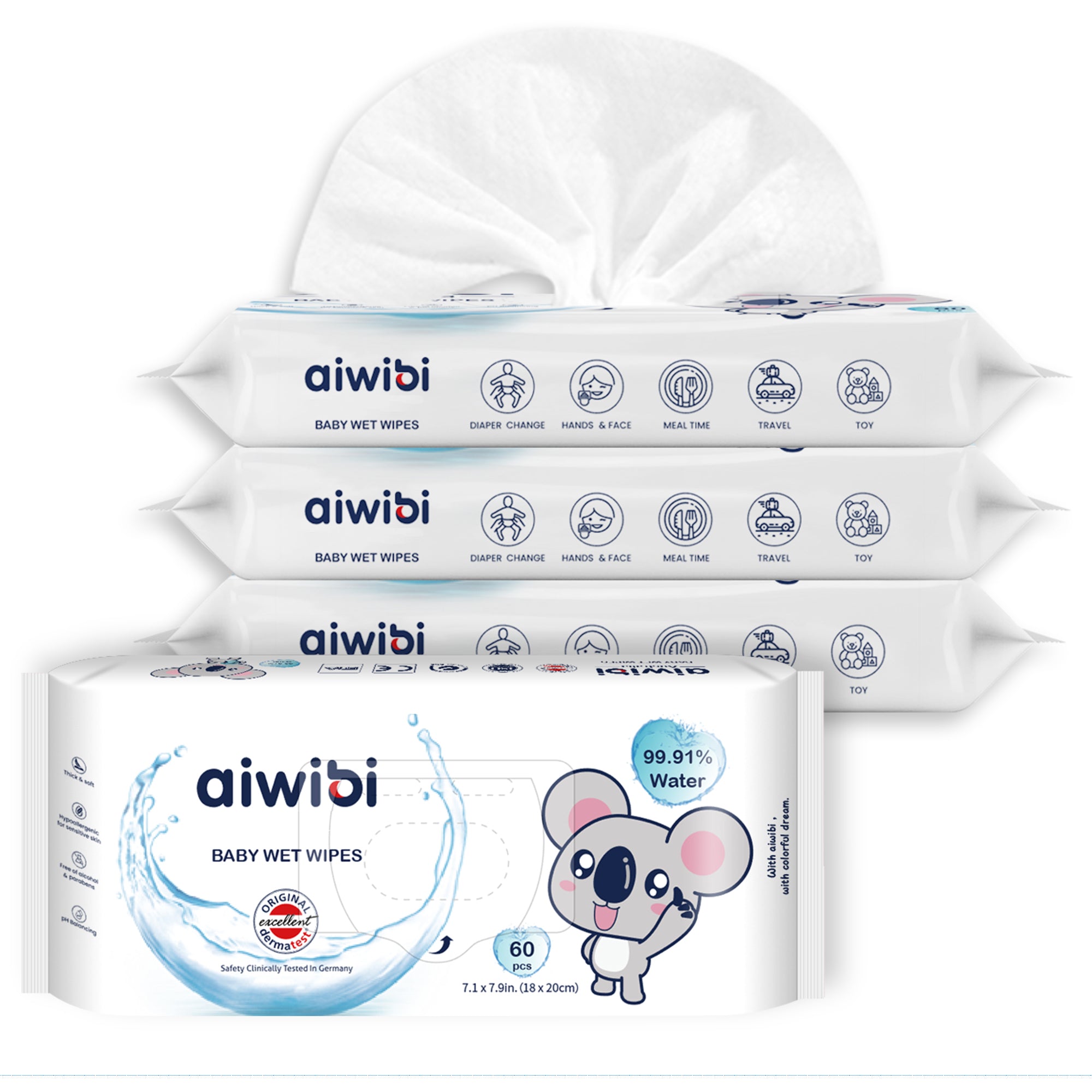 Image shows a 4 pack of 99.91% Pure Water Baby Wet Wipes 60Pcs .