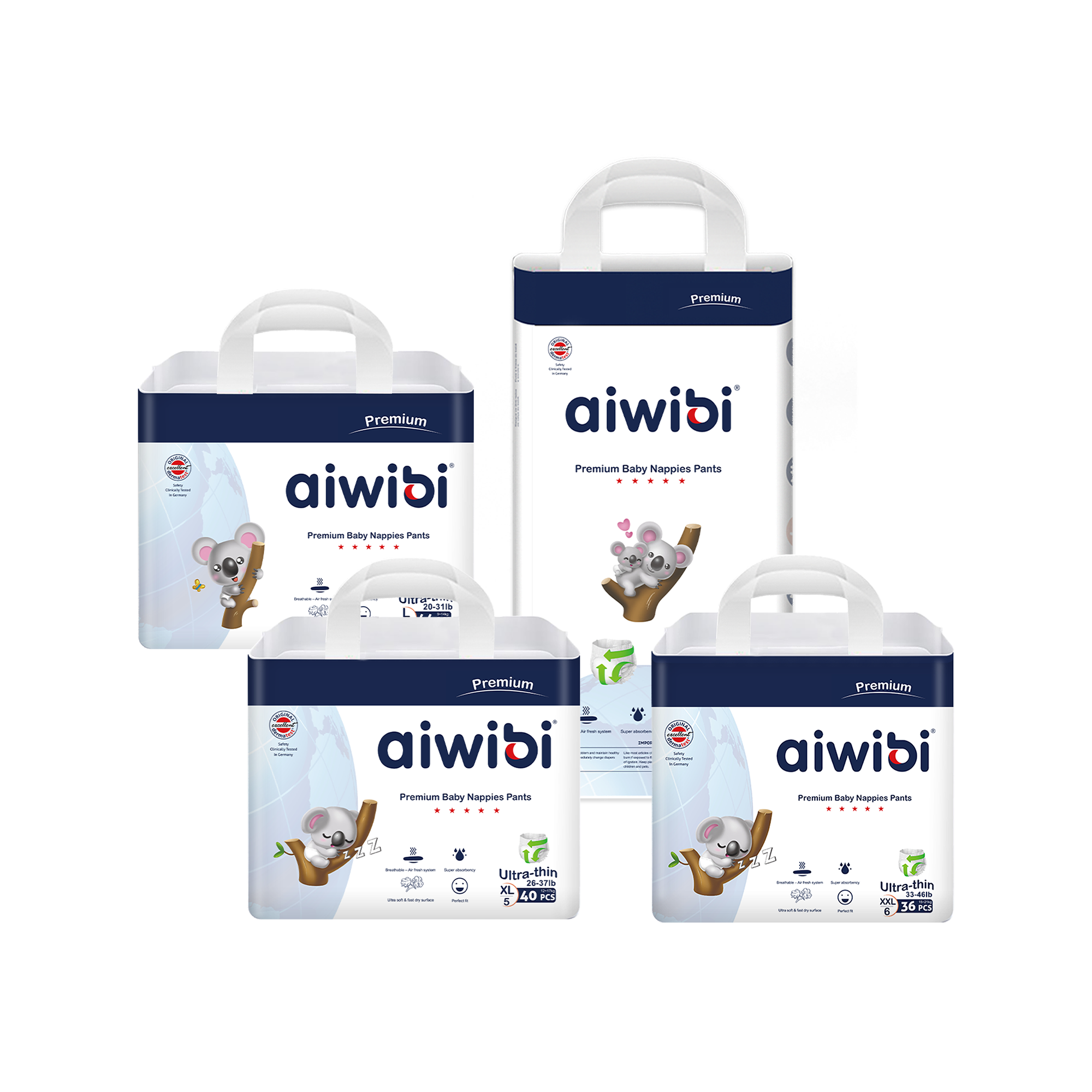 Image shows all sizes of Aiwibi Royal Care Nappy Pants.