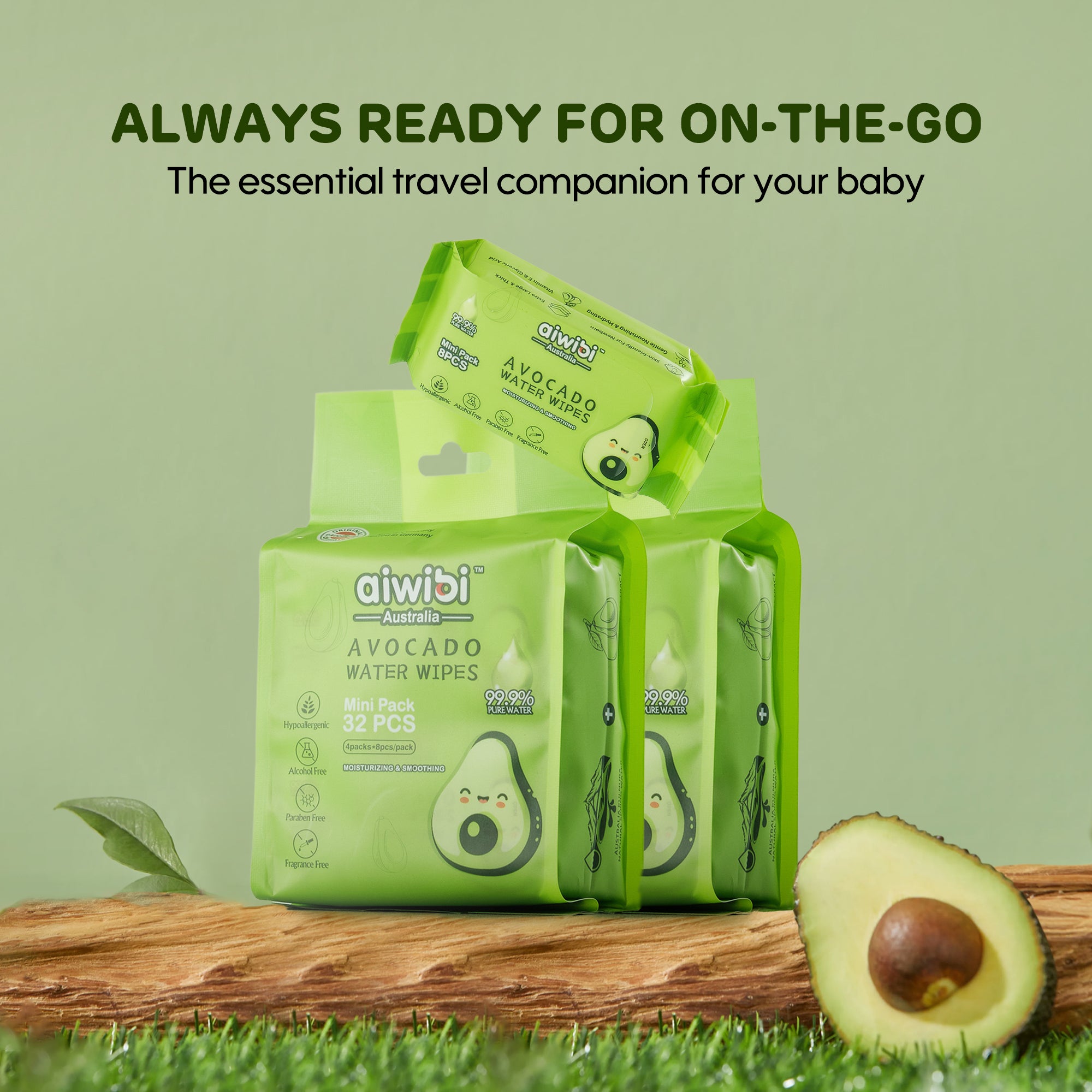 The image shows the packaging of the Aiwibi mini water wipes and says that you can take them with you anywhere!