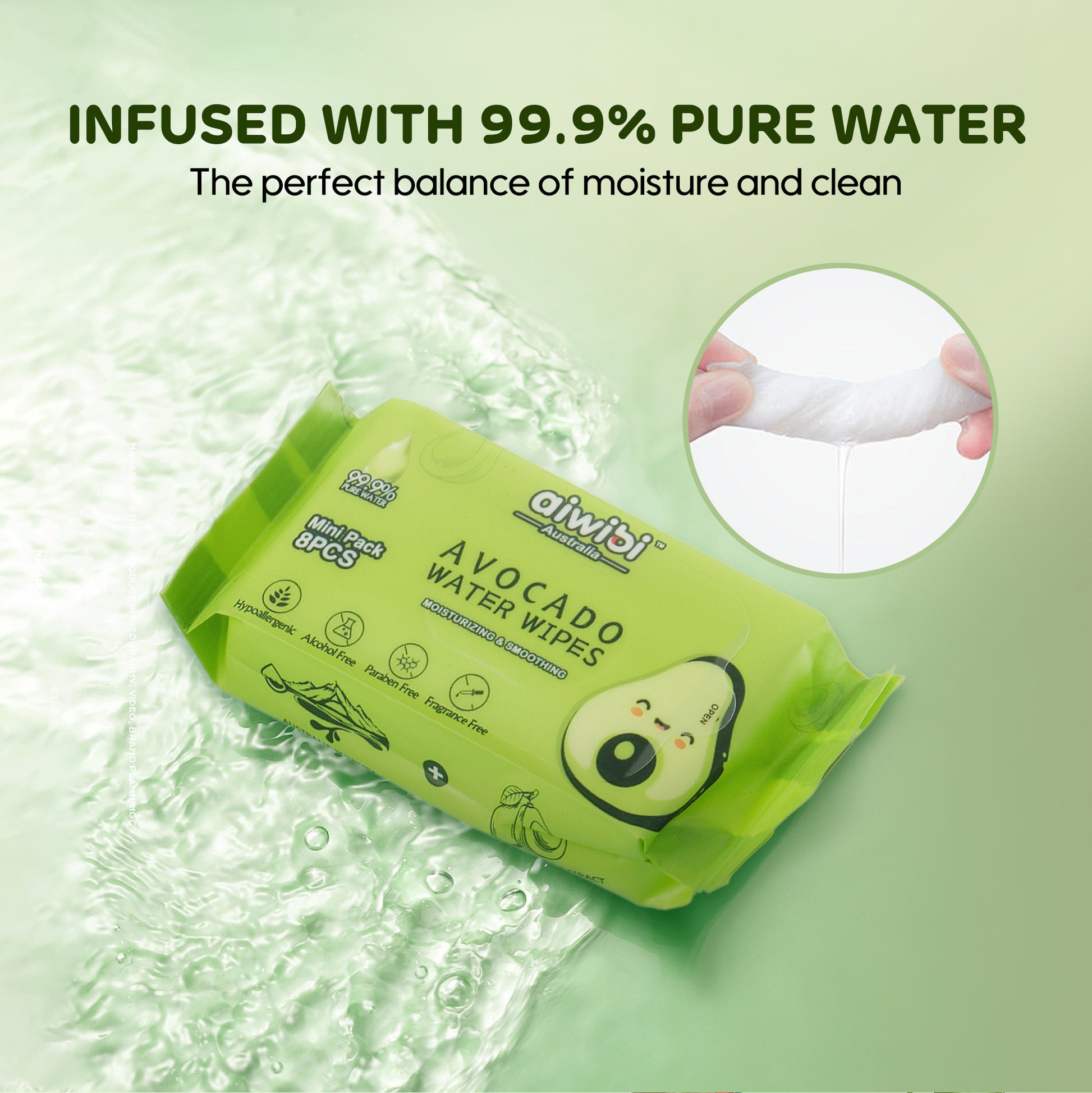 Aiwibi avocado mini wipes filled with 99.9% purified water