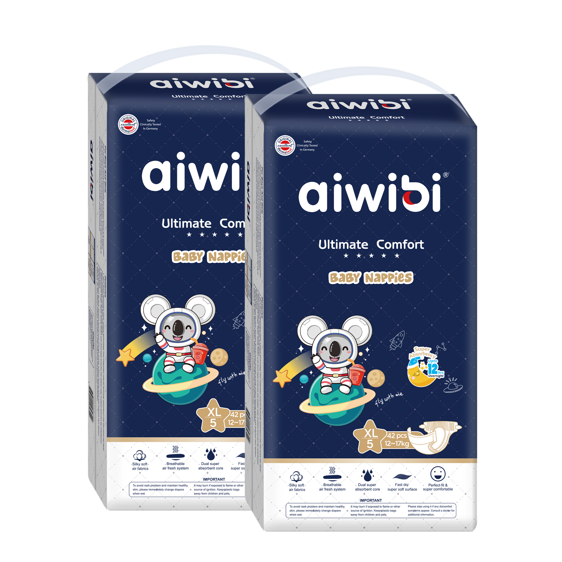 Two bags of Ultimate Comfort Disposable Overnight Nappies Size 5.
