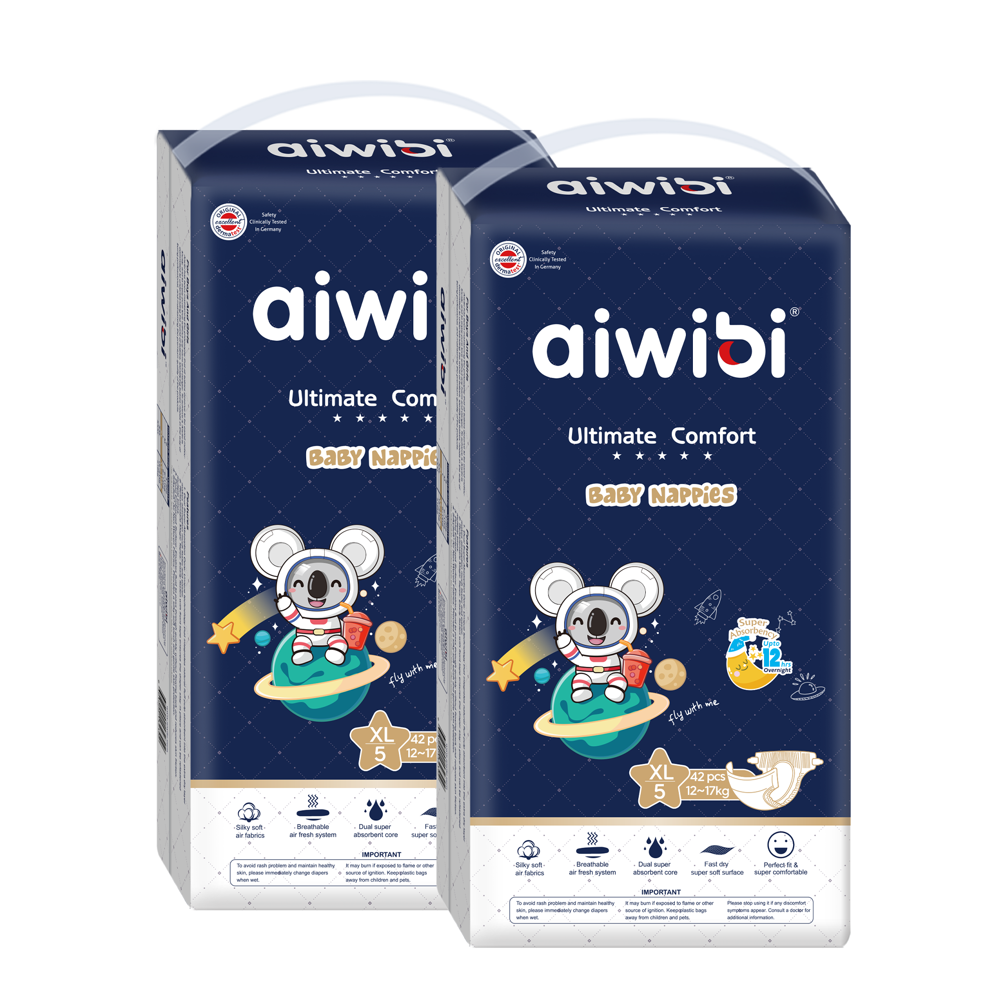 Two bags of Ultimate Comfort Disposable Overnight Nappies Size 5.
