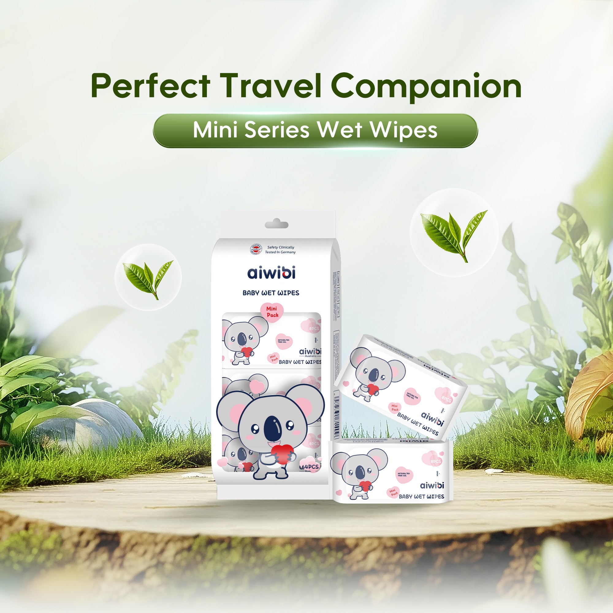 A set of ten individual packs of Aiwibi Pocket Portable Mini Care Baby Wipes.