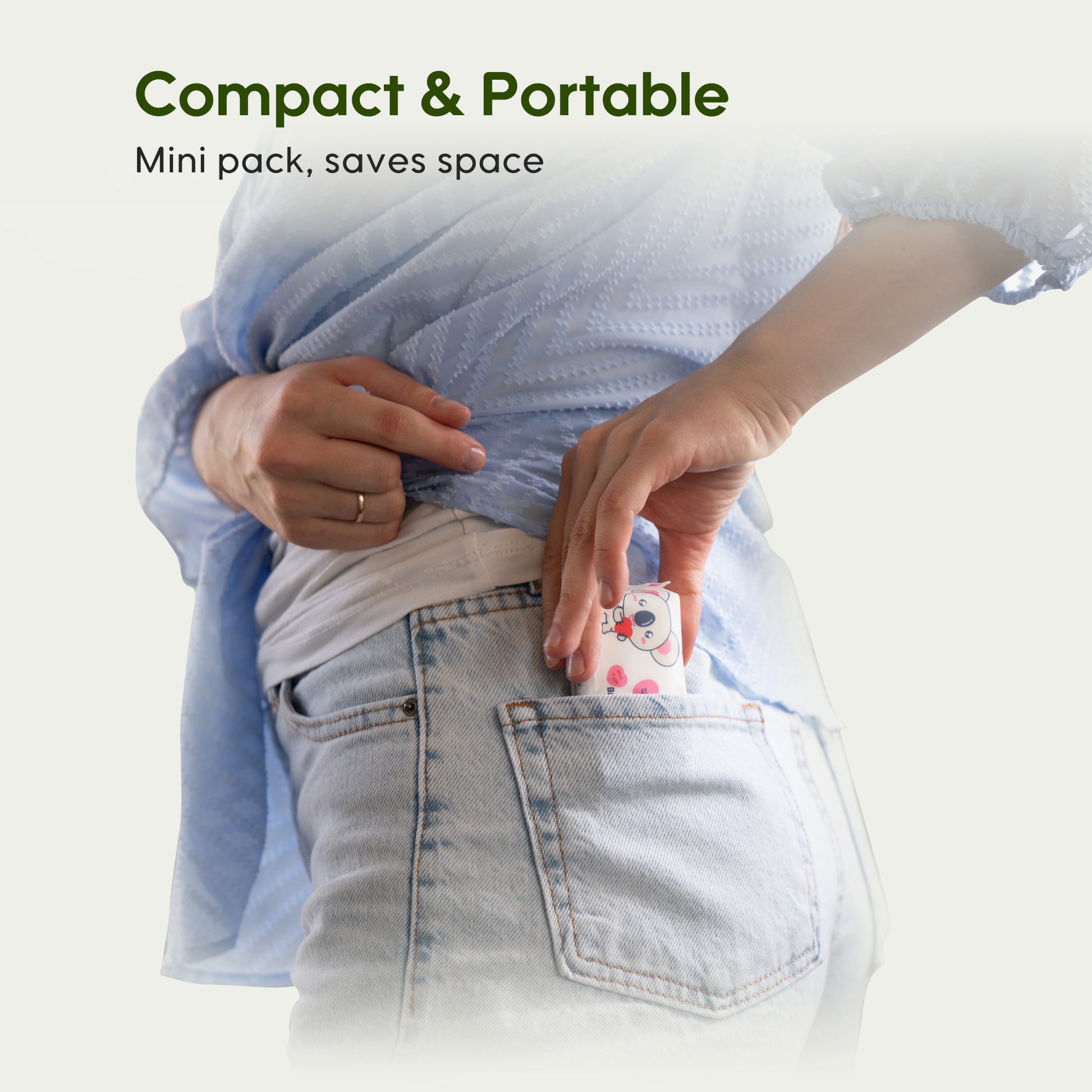 A compact pack of Aiwibi Pocket Portable Mini Care Baby Wipes, highlighting its small size perfect for on-the-go parents.