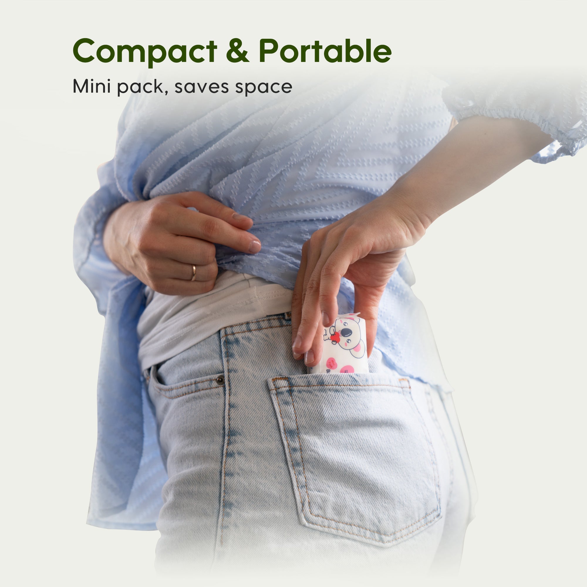 A compact pack of Aiwibi Pocket Portable Mini Care Baby Wipes, highlighting its small size perfect for on-the-go parents.