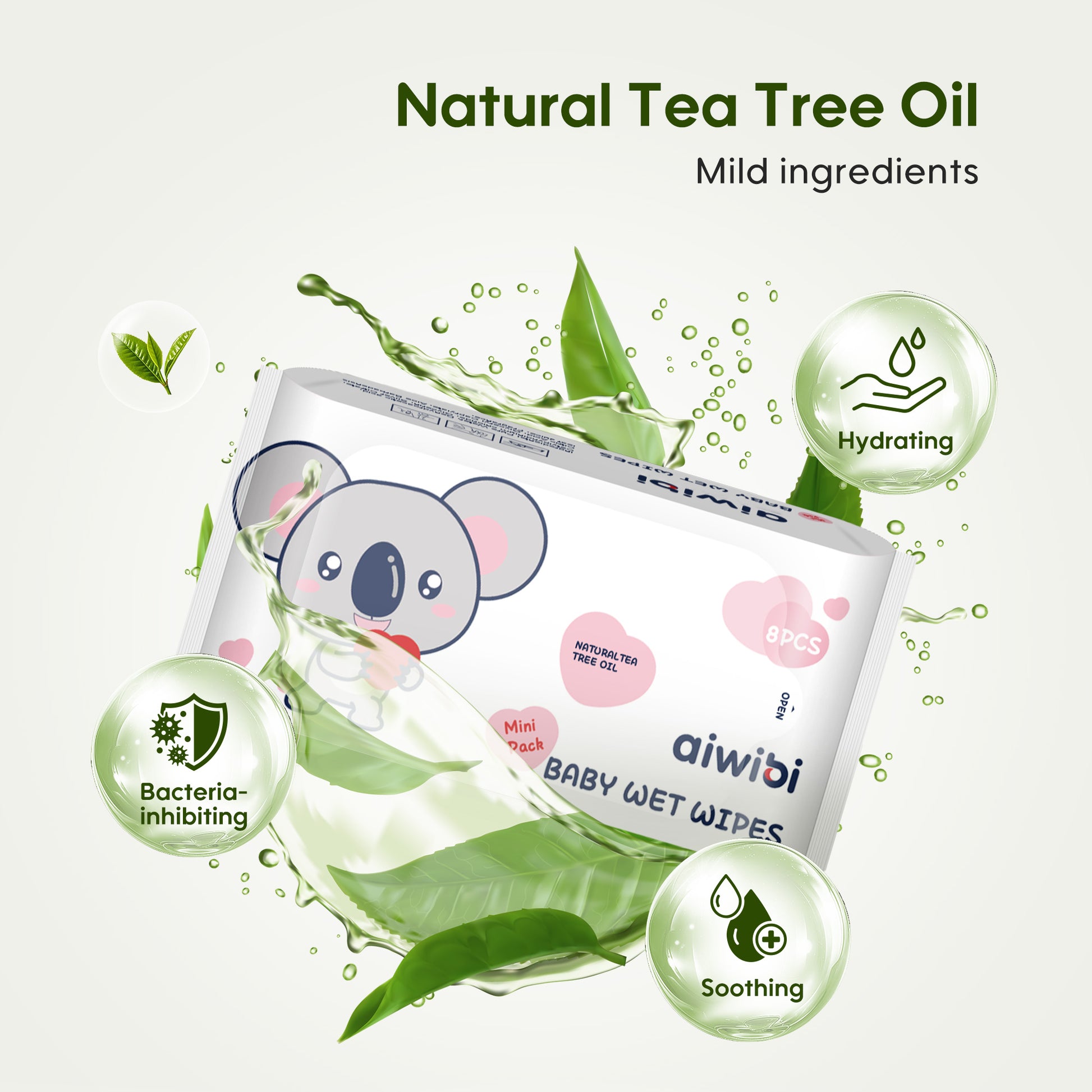 Close-up of soft Aiwibi Green Tea Mini Wipes, highlighting the refreshing green tea fragrance and low-allergy formula. 