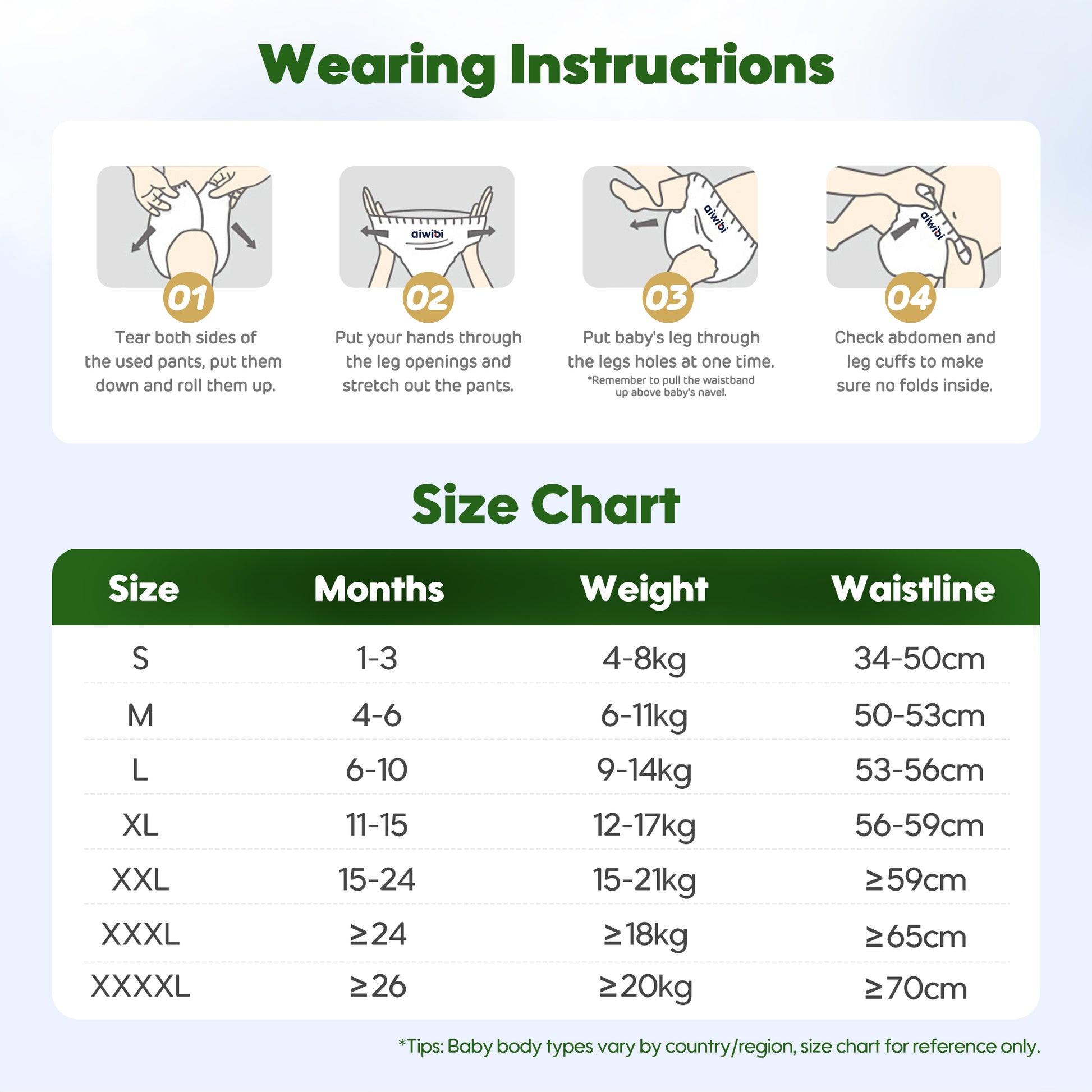 Aiwibi Nappy pants size chart and wearing instructions.
