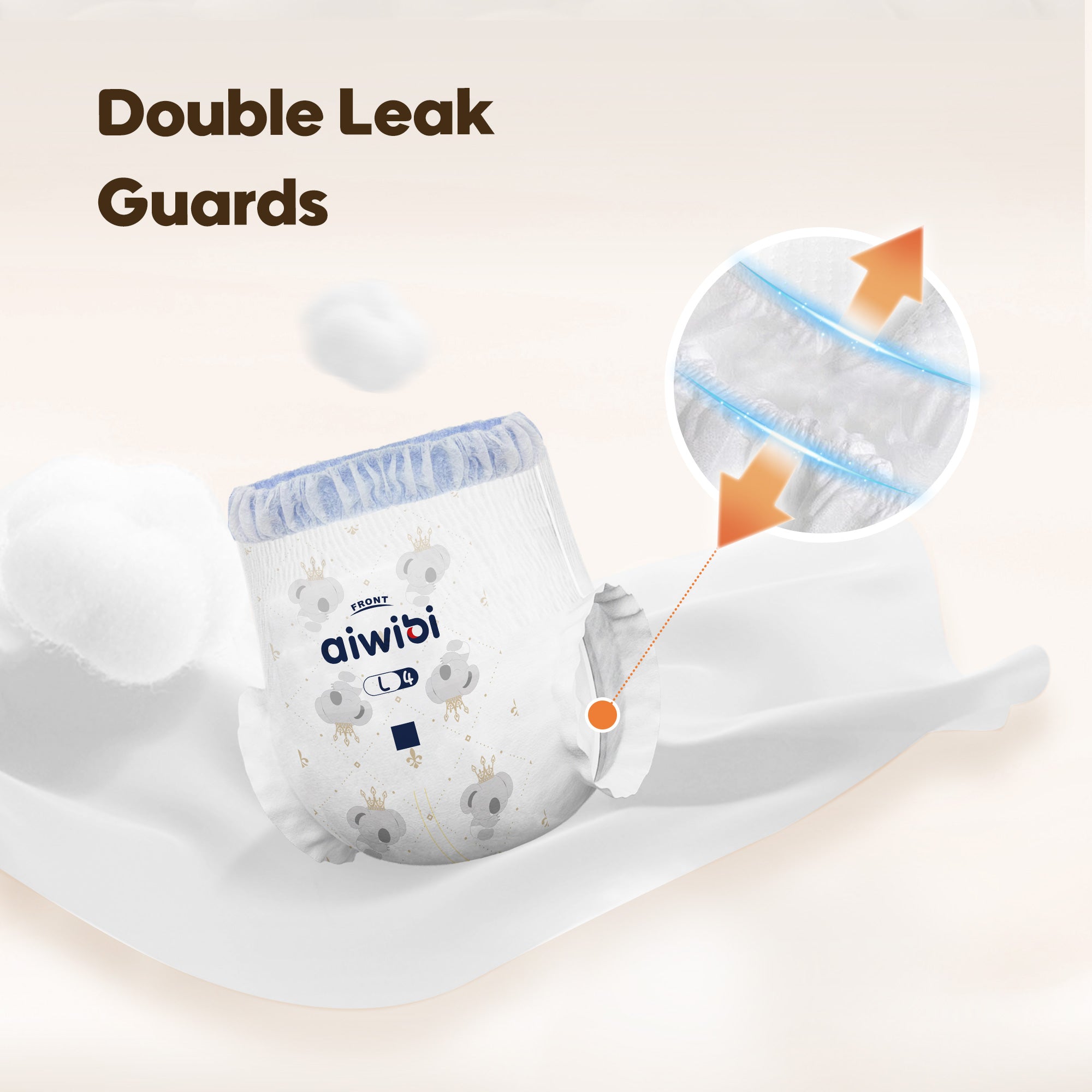 Detail of the double leak guards in these pull-up nappies. These guards provide superior protection against leaks, especially during overnight use.