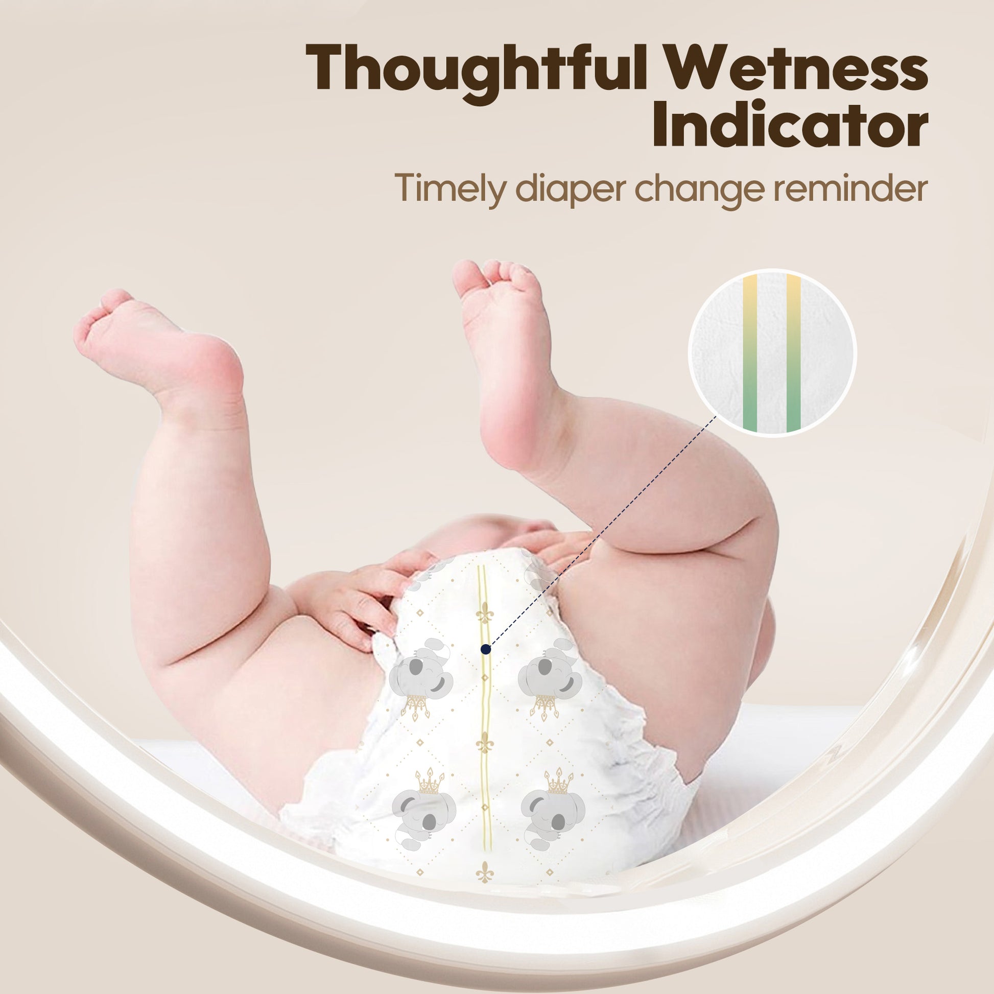 Photo showing the wetness indicator on the pull-up nappies. This indicator changes color, signaling when a change is needed for the childs comfort.